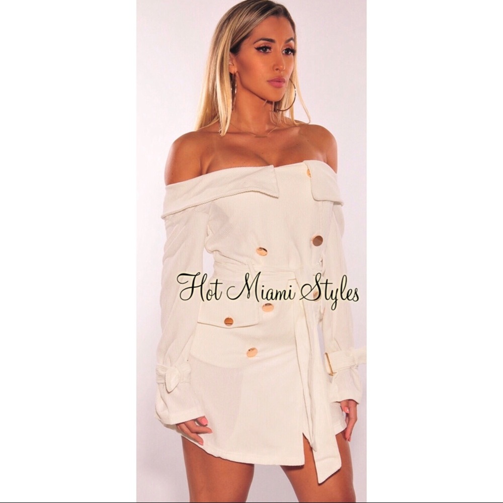 Off White Corduroy Off Shoulder Belted Coat Dress